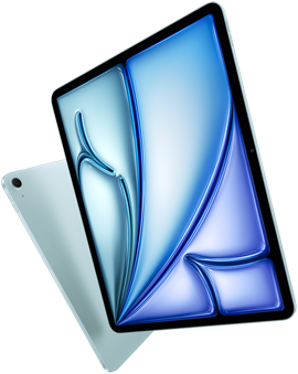 Schuin vooraanzicht van 13‑inch iPad Air, kleurrijke afbeelding op display, achteraanzicht van 11‑inch iPad Air met 12-MP Groothoekcamera aan de achterkant