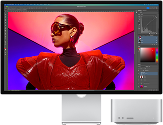 Een kleurrijke foto wordt gemonteerd met Mac Studio en Studio Display