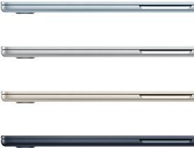 Vier MacBook Air-laptops in de verkrijgbare kleuren: hemelsblauw, zilver, sterrenlicht en middernacht