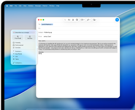 MacBook Air-scherm met Apple Intelligence-feature Schrijfhulp waarmee een e‑mail wordt geschreven