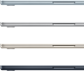 Zijaanzicht van vier MacBook Air-laptops in vier verschillende uitvoeringen