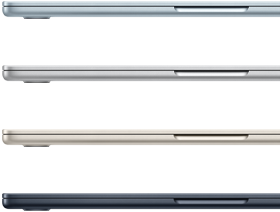 Zijaanzicht van vier MacBook Air-laptops in vier verschillende uitvoeringen