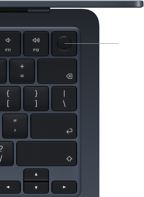 MacBook Air-toetsenbord, rechtsboven, waarbij wordt aangegeven waar de Touch ID-knop zit