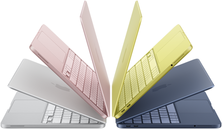 MacBook Neo-laptops in de kleuren Zilver, Blos, Citrus en Indigo, een klein beetje geopend en in een boog gerangschikt