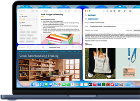 MacBook Neo, kleur Indigo, op het scherm wordt een e-mail opgesteld voor een nieuwe medewerker van een boekwinkel, in andere vensters staan een Notities-document over onboarding en de werknemersportal van de boekwinkel in Safari