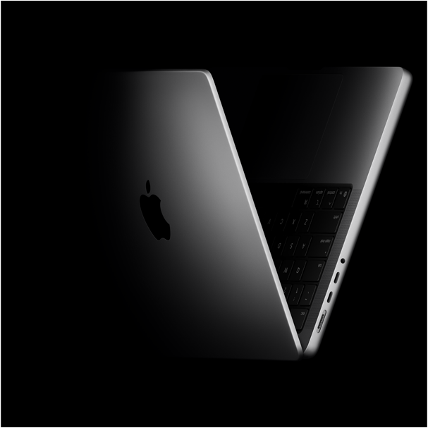 MacBook Pro in de vorm van een V, verwijzend naar de M5-serie