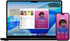 14‑inch MacBook Pro en iPhone 16 – Met de iPhone wordt gebeld naar een contactpersoon genaamd Luis, terwijl op de MacBook Pro hetzelfde gesprek in de Telefoon-app zichtbaar is