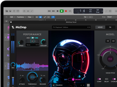 Op het scherm de software MicDrop waarmee met behulp van AI-features een opname wordt bewerkt op een MacBook Pro