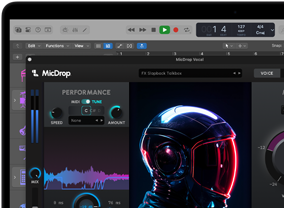 Op het scherm de software MicDrop waarmee met behulp van AI-features een opname wordt bewerkt op een MacBook Pro