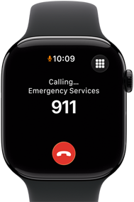 Apple Watch Series 11, kast van gitzwart aluminium, noodoproep naar alarmnummer op het display, rechterkant: Digital Crown, zwart sportbandje