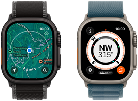 Twee Apple Watch Ultra 3-devices, op het ene display staan kaarten en op het andere Backtrack-features waaronder het kompas, hoogtemeters en gemarkeerde routepunten